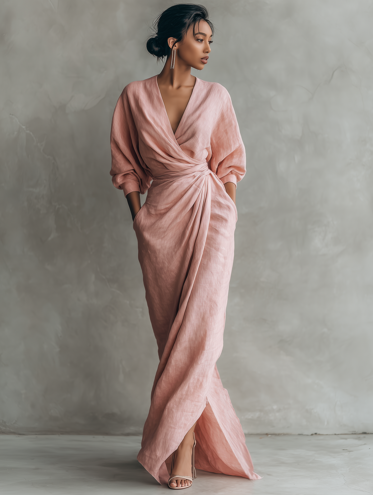 Linen maxi dress with V-neck