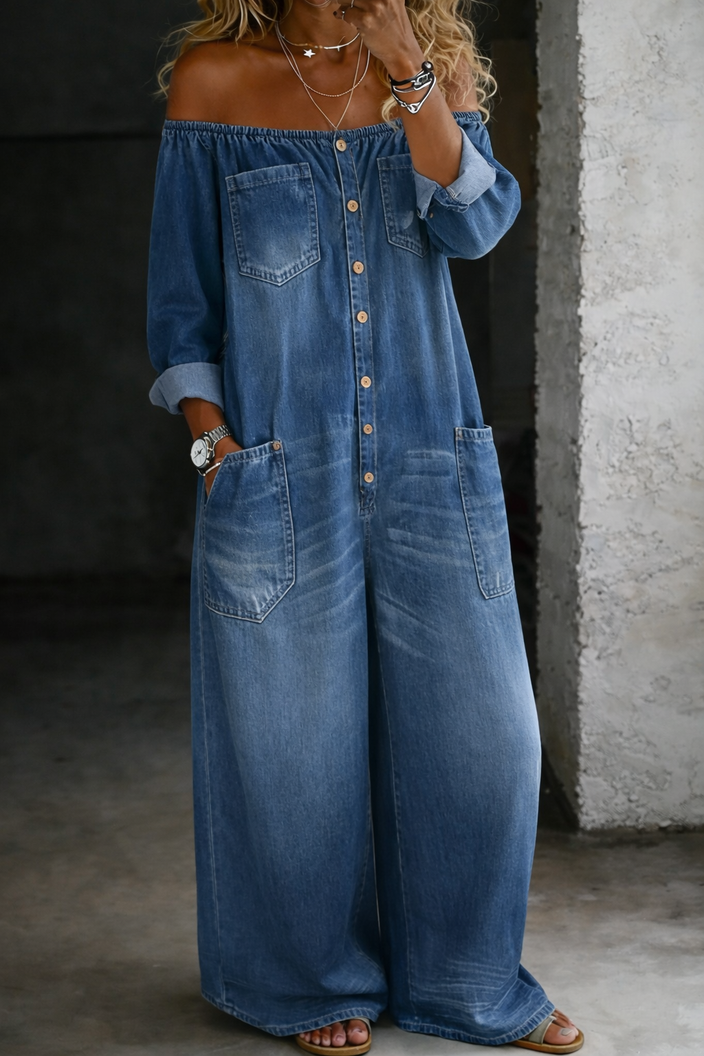 Elena™ | Off-the-shoulder denim jumpsuit