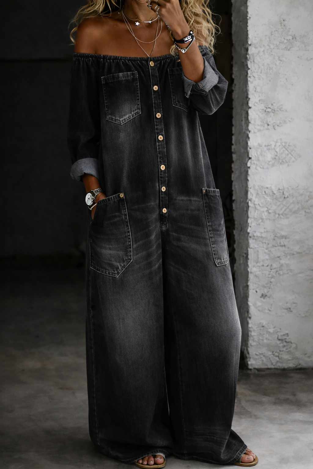 Elena™ | Off-the-shoulder denim jumpsuit