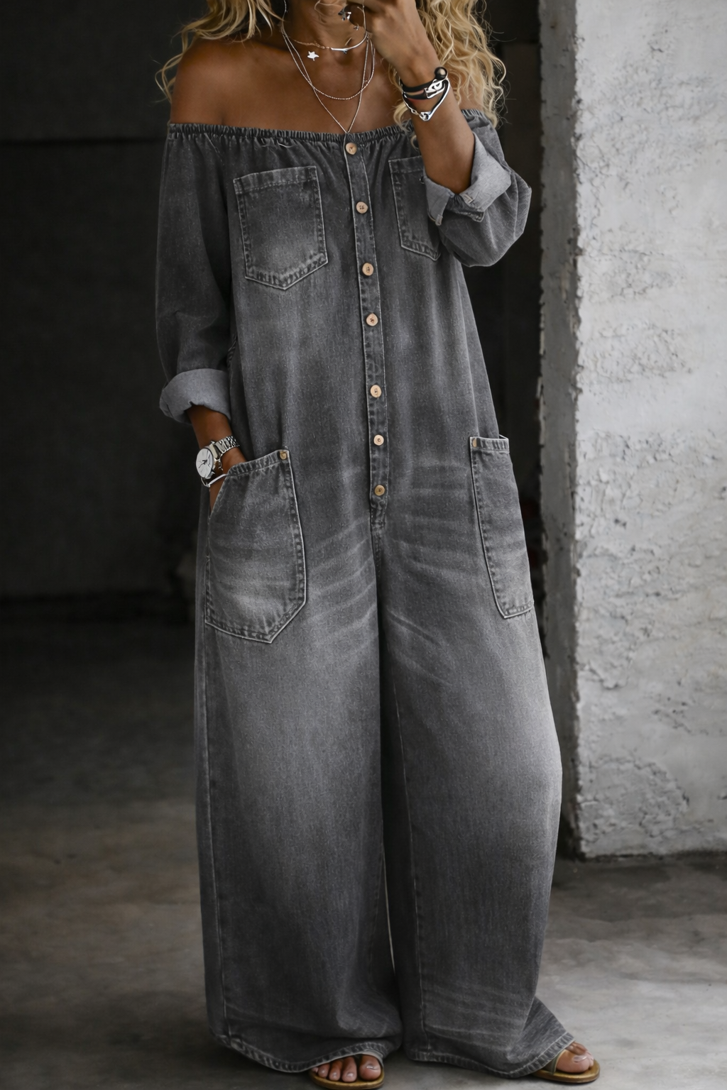 Elena™ | Off-the-shoulder denim jumpsuit
