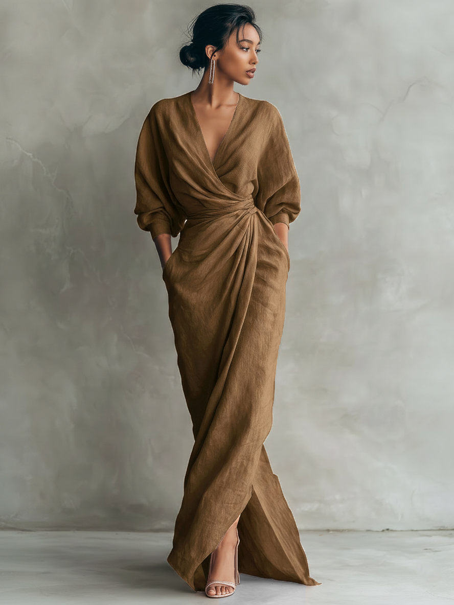 Linen maxi dress with V-neck