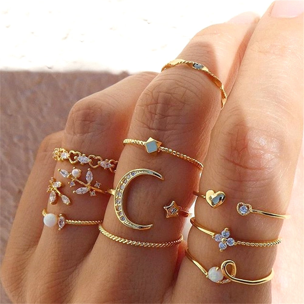 Set of 10 adjustable silver rings