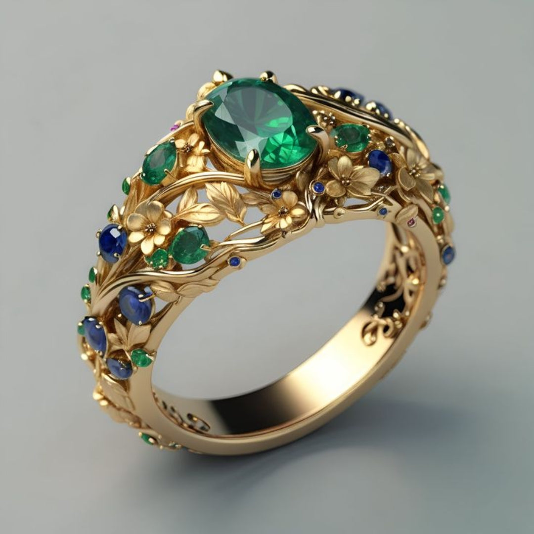 Bague de luxe avec émeraude et saphir