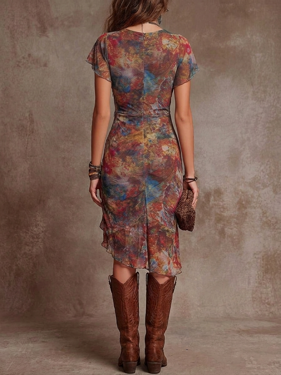 Judy | Pleated V-Neck Boho Midi Dress