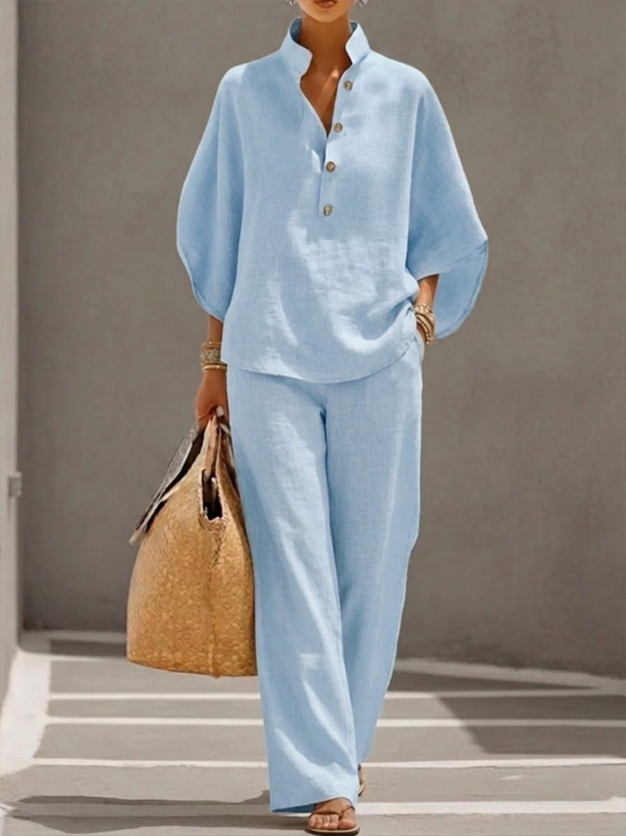Mariel | Cotton-Linen Set with Batwing Sleeves and Wide-Leg Pants