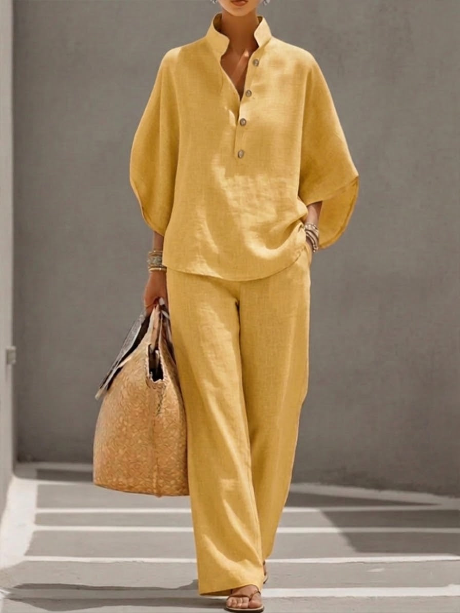 Mariel | Cotton-Linen Set with Batwing Sleeves and Wide-Leg Pants