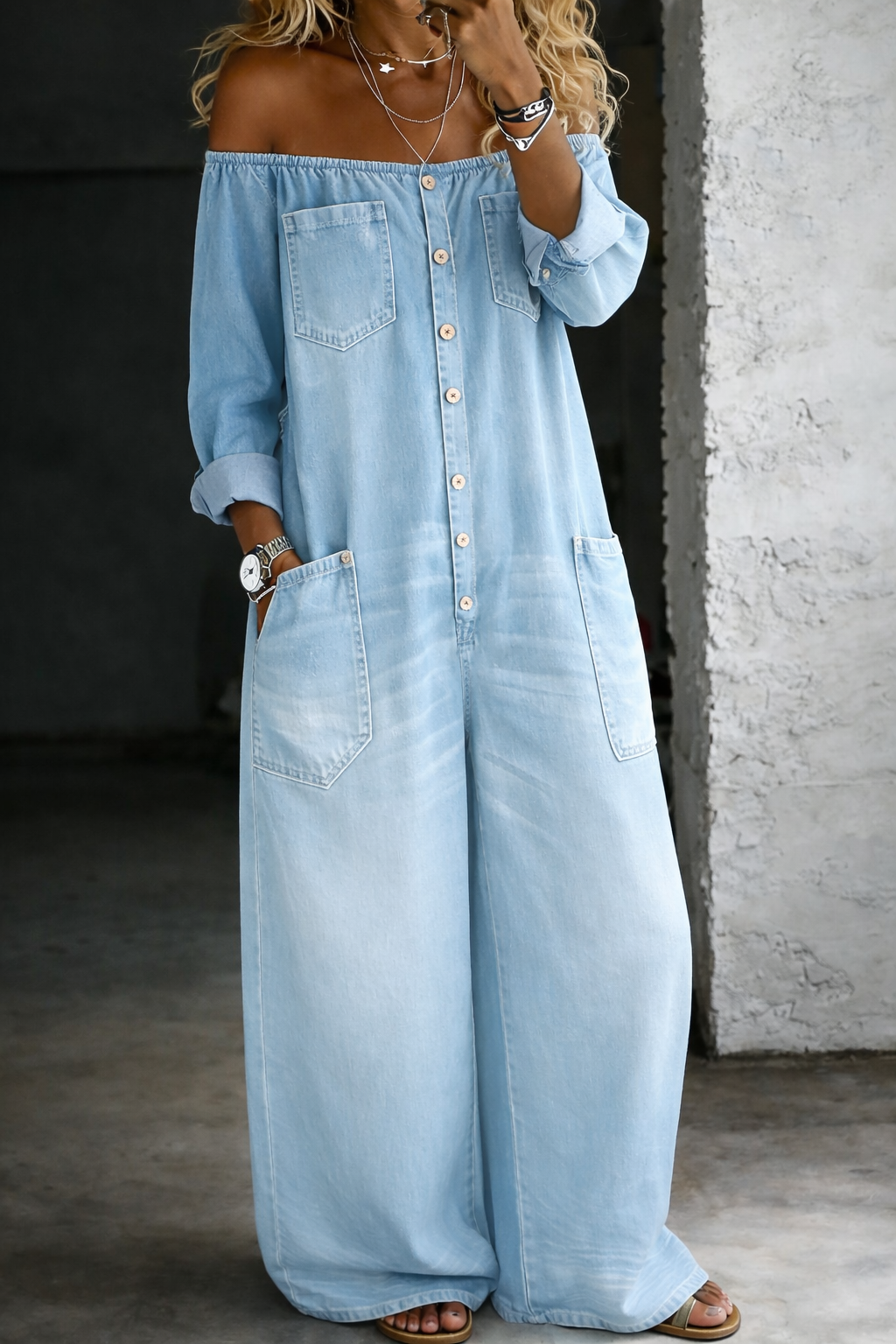 Elena™ | Off-the-shoulder denim jumpsuit