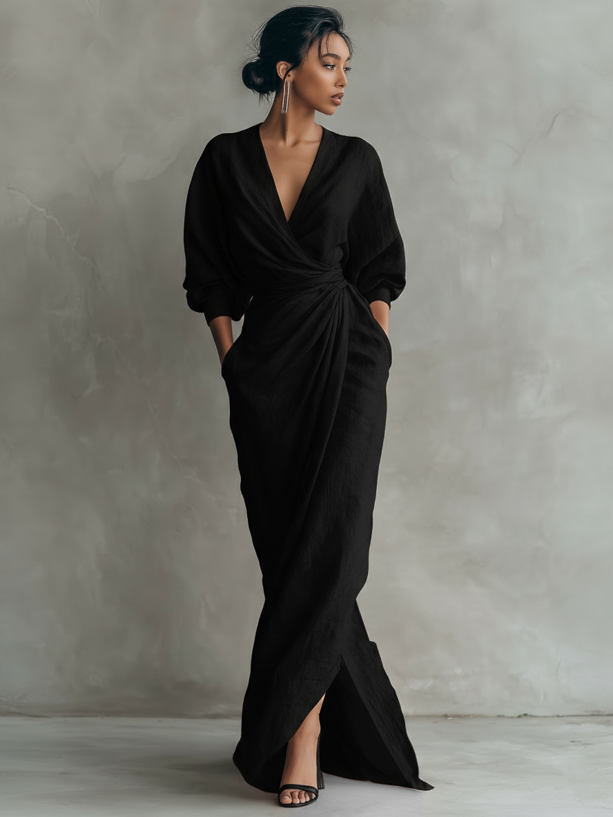 Linen maxi dress with V-neck