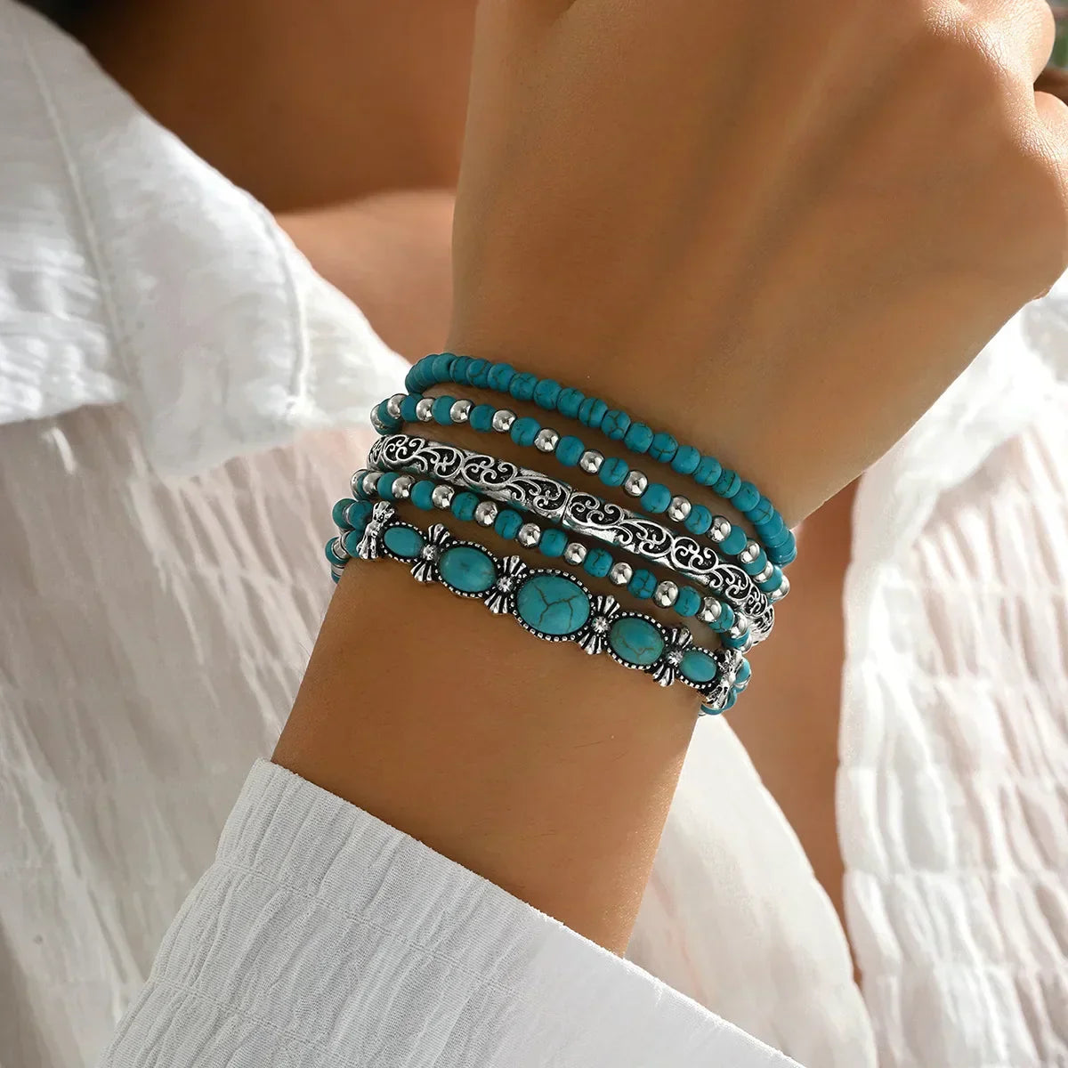 Set de bracelets bohèmes avec perles turquoise