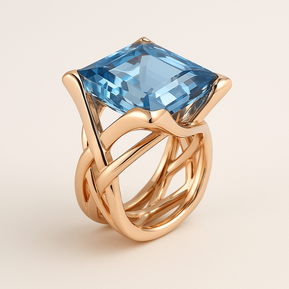 Bague vintage en or rose et zircone bleue