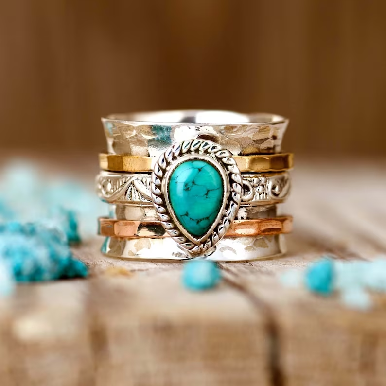 Gold-Plated Silver Ring Set with Vintage Turquoise
