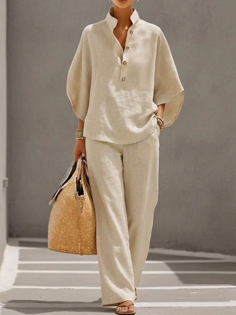 Mariel | Cotton-Linen Set with Batwing Sleeves and Wide-Leg Pants