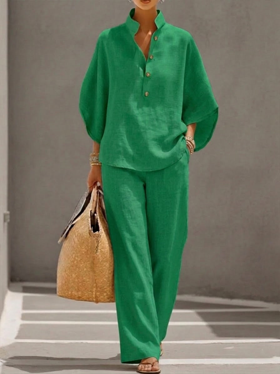 Mariel | Cotton-Linen Set with Batwing Sleeves and Wide-Leg Pants