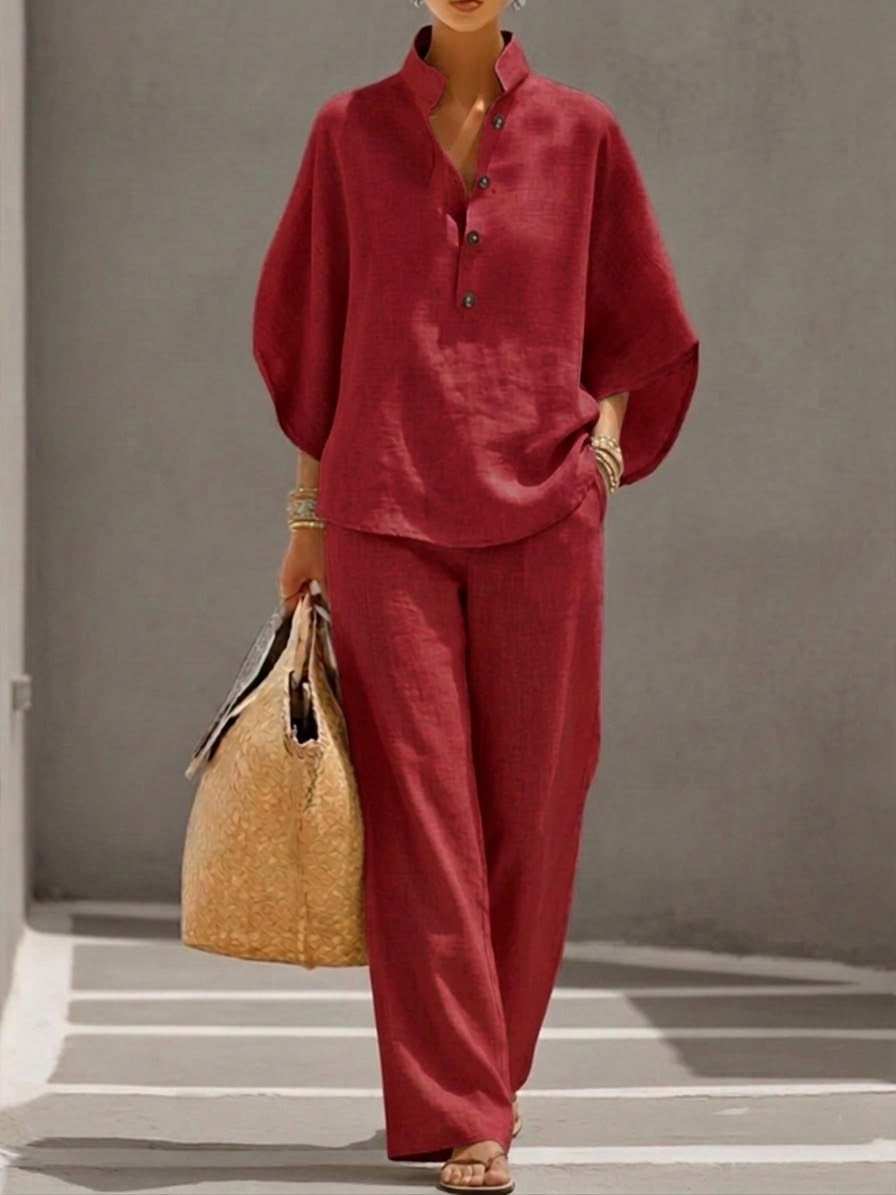 Mariel | Cotton-Linen Set with Batwing Sleeves and Wide-Leg Pants