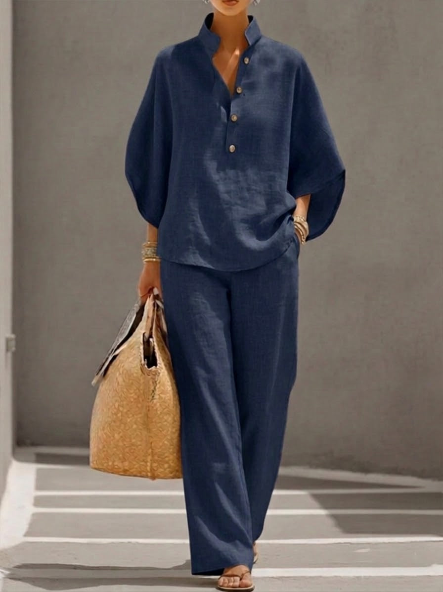 Mariel | Cotton-Linen Set with Batwing Sleeves and Wide-Leg Pants